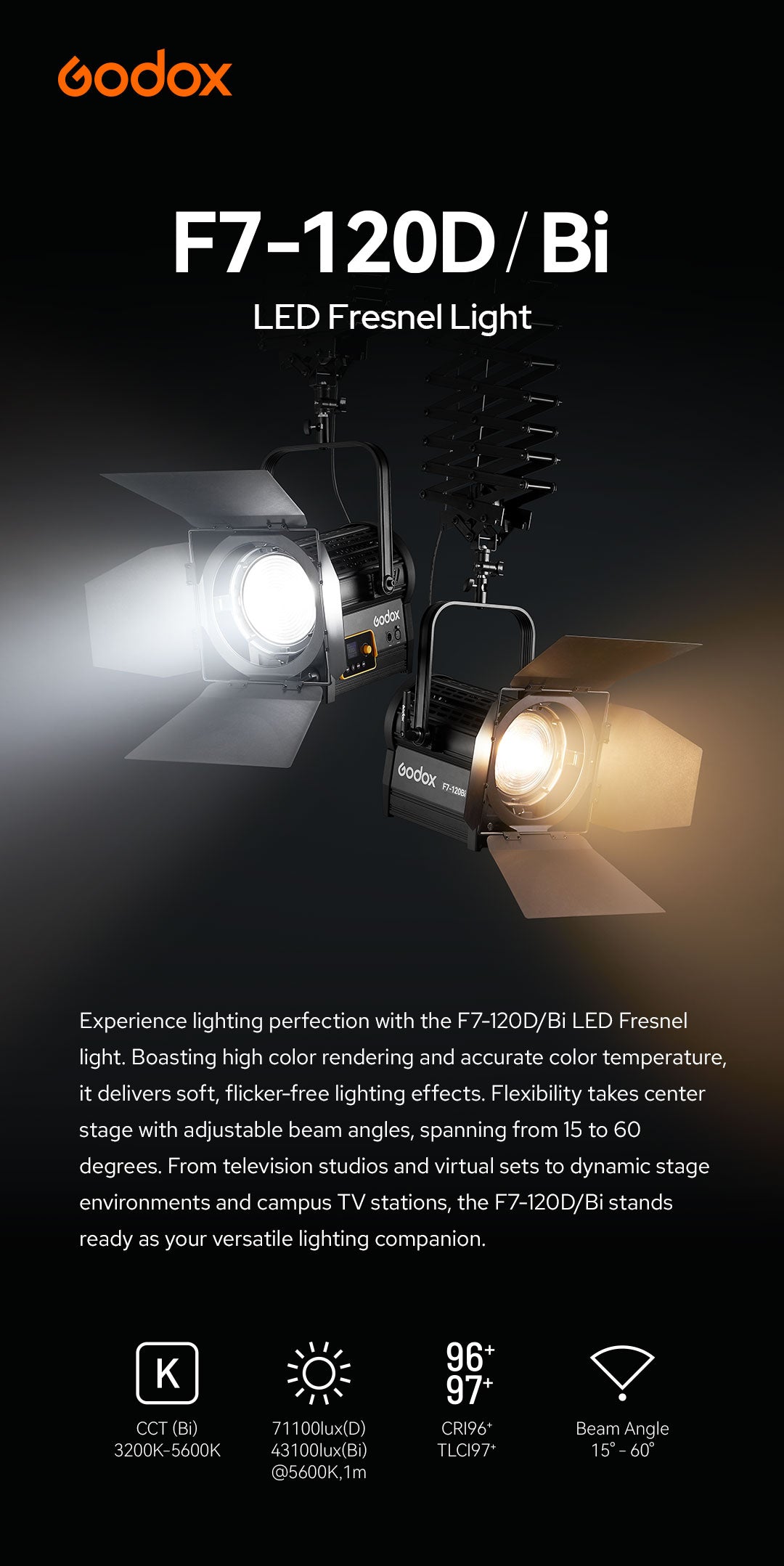 GODOX F7 120W Bicolour LED Fresnel Kit inc Barndoor