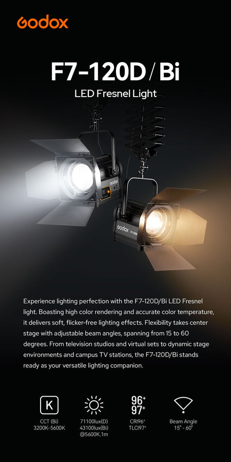 GODOX F7 120W Bicolour LED Fresnel Kit inc Barndoor