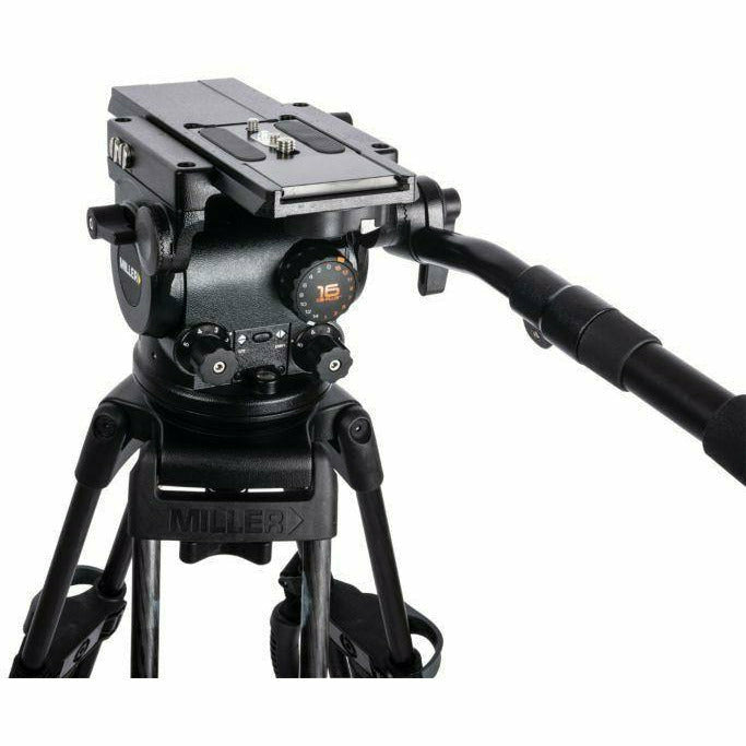 Miller System ArrowX 1 Combo Live 30 Pedestal - fluid head payload range 0kg - 16kg (0lbs - 35.3lbs). Supplied with two telescopic pan handle (696), clamp nut and camera plate (860) - Dragon Image