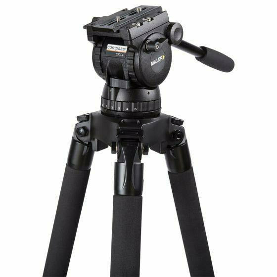 Miller System CX14 Combo Live 30 Pedestal - fluid head payload range 0kg - 14kg (0lbs - 30.9lbs). Supplied with two telescopic pan handles (696), clamp nut and camera plate (1205) - Dragon Image