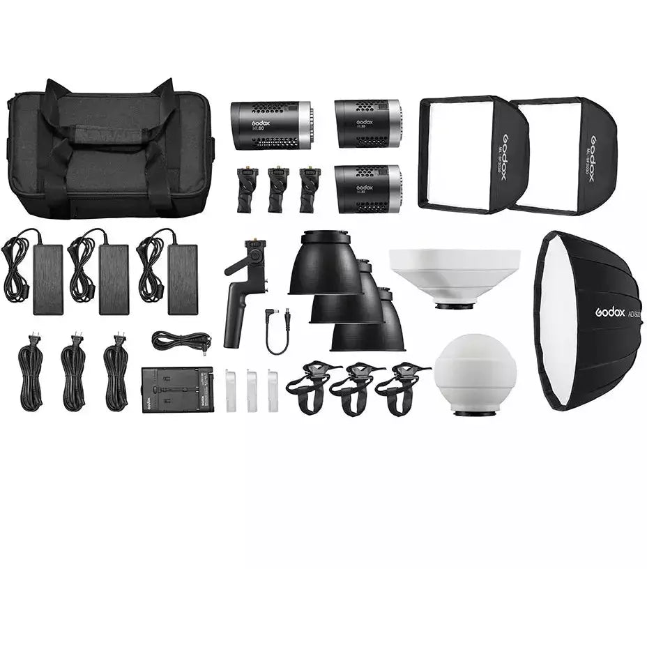 GODOX ML-KIT1 DAYLIGHT 3 HEAD LED LIGHT KIT1 x ML60 2 X ML30 PLUS ACC - Dragon Image