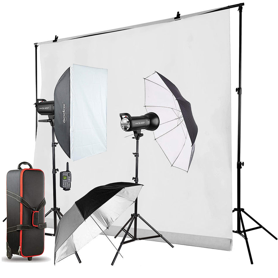 Godox 400 Studio 2 flashes kit with background system. - Dragon Image