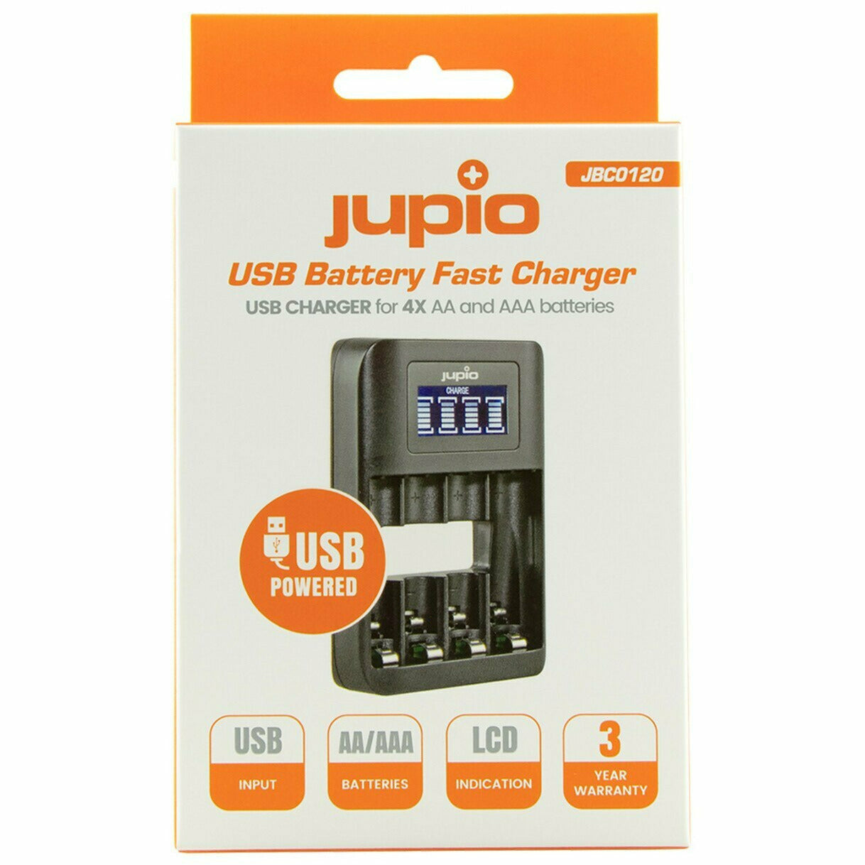 Jupio 4 Slot Rechargeable AA & AAA Batteries with USB Fast Charger & LCD Screen - Dragon Image